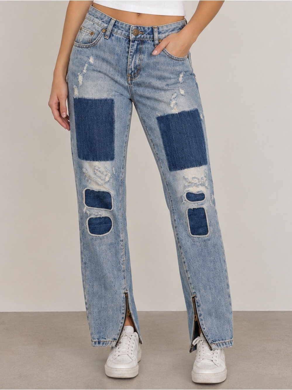 One Teaspoon Freebirds Straight Leg Jeans with Dark Blue Patchwork